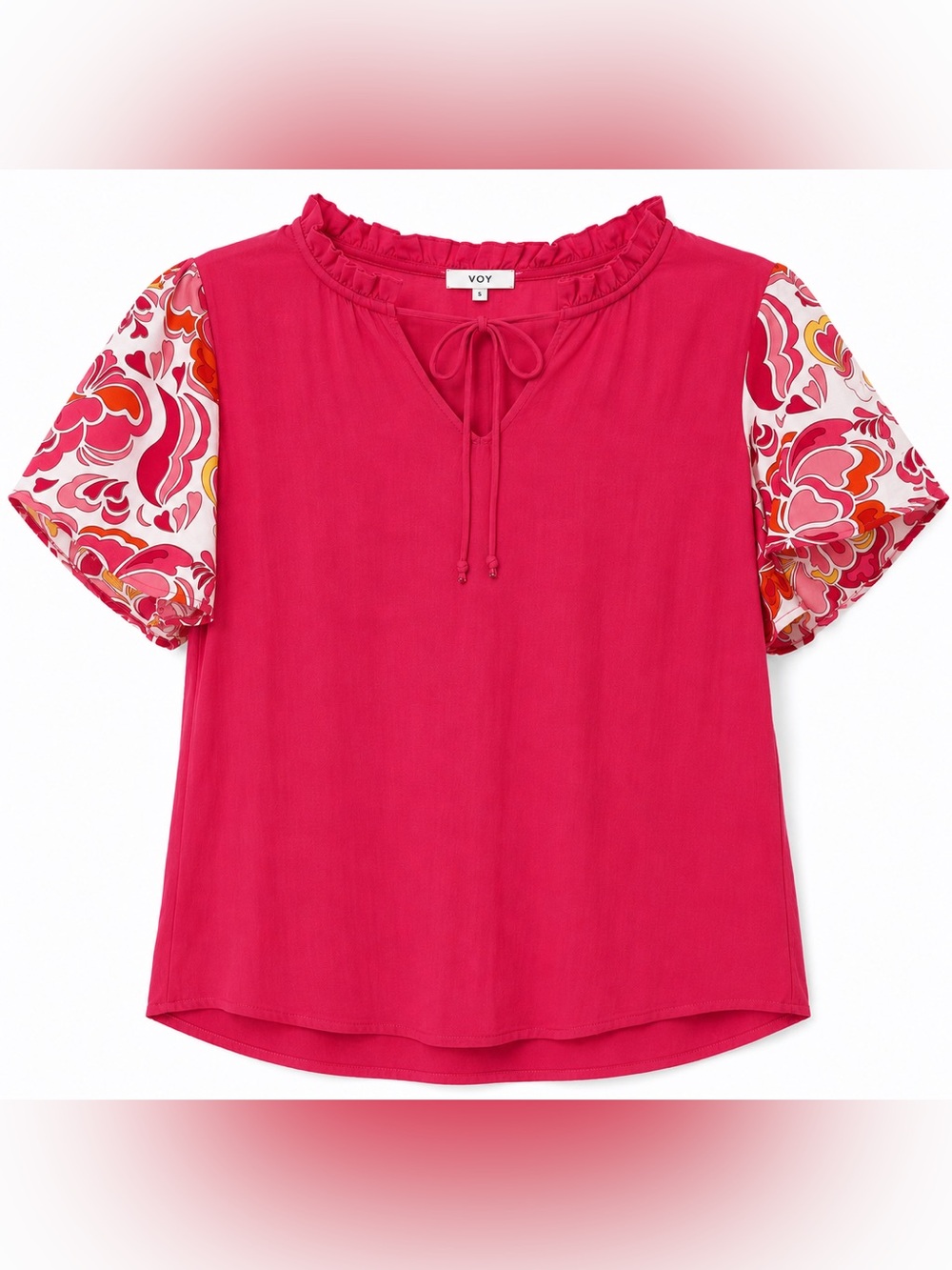 Voy Pink Ruffle-Neck Tie Front Blouse with Printed Puff Sleeves- S